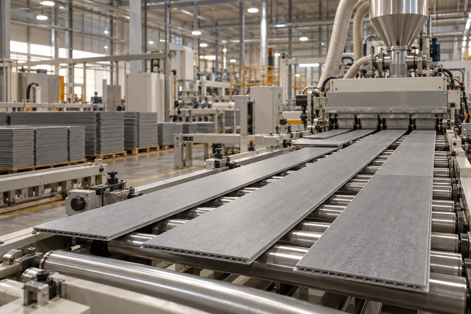 An SPC rigid-core extrusion line with freshly extruded grey core boards on rollers inside a flooring factory.